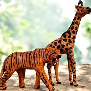 Vintage Handpainted Leather Wrapped Paper Mache Tiger, Giraffe. Black Tan Orange